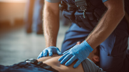 Emergency responder performing CPR on injured person indoors  