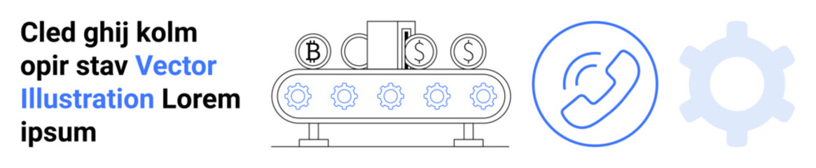 Business process automation, financial technology, customer service, industrial tools, workflow efficiency, technical solutions. Conveyor system with gears and currency icons. Business process