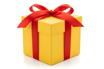 Obraz premium Bright yellow gift box tied with a red ribbon