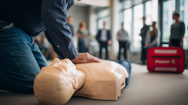 Man performing CPR training on dummy in modern classroom setting  