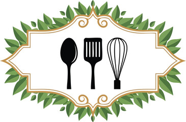Elegant Culinary Logo with Cooking Utensils and Laurel Wreath