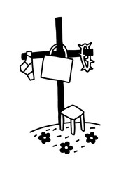 Crucifix with ironic details, crown of thorns, socks, chair.