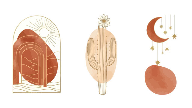 Trendy boho desert vector elements with golden landscape, cactus, and moon for modern design