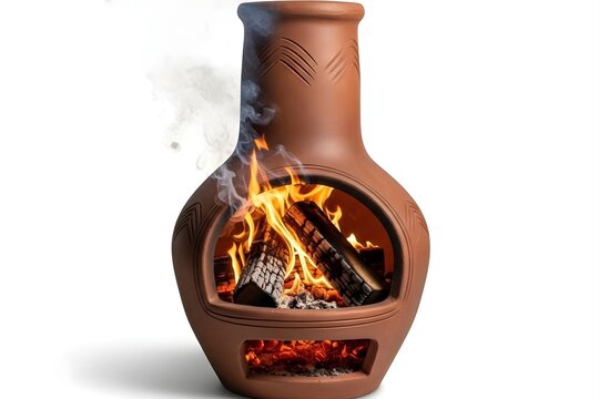 Terracotta chiminea with burning fire for outdoor ambiance