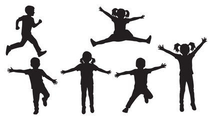 Set of vector silhouettes featuring happy children jumping and playing