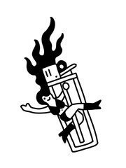 Vegas-style pin-up girl riding a flaming black lighter.