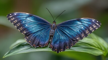 nature illustration of a brilliant blue Morpho butterfly resting on a large, deep green rainforest leaf. Focus on the iridescent, metallic texture of the wings and the intricate black marginal 