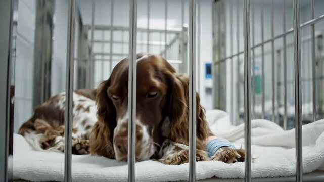 Atmospheric shot of a calm English Springer Spaniel resting inside a clean, sterile, metal kennel cage in a veterinary recovery room after a successful procedure clean, vet, health