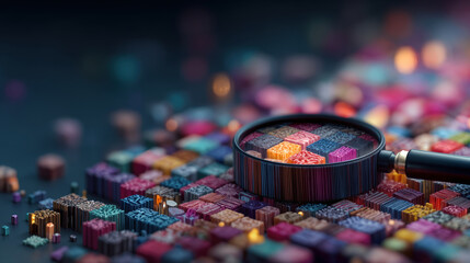 Abstract glowing magnifying glass over colorful digital product mosaic symbolizing AI powered personalized product discovery and intelligent recommendation technology concept
