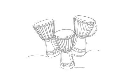 A minimalist single line drawing of three djembe drums arranged in a cluster against a clean white background evoking a sense of rhythm and african culture