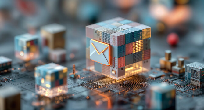 3D digital cube with envelope icon representing secure email and data protection surrounded by holographic tech elements and office buildings in futuristic blue orange lighting