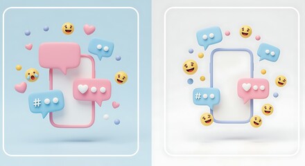 Social media interaction concept with mobile phone and emoji icons background