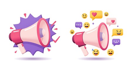 Social media marketing promotion with megaphones and emoji communications for business