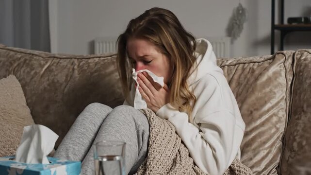 A woman with flu symptoms sits on a couch, sneezing into a tissue while resting under a blanket at home