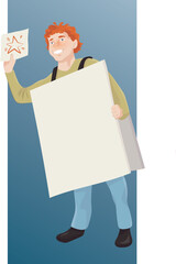 A young man / human billboard who displays an advertisement on their person. 