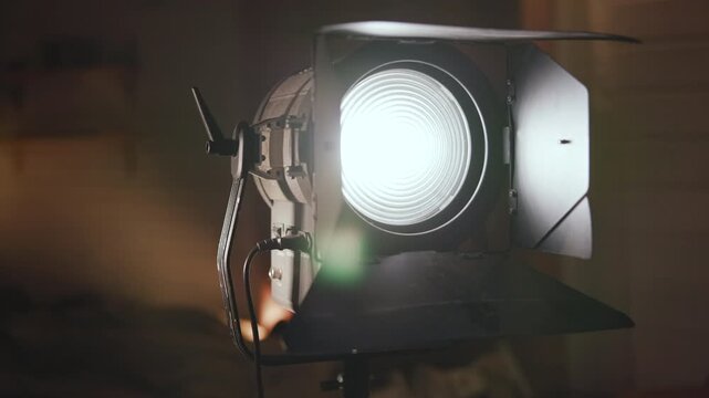 Fresnel Lamp And Grip Focus, Closeup Of Lighting Equipment With Ambient Background And Metal Accents . Media