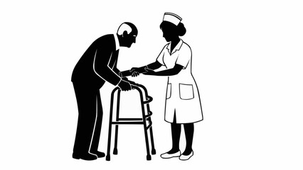 Nurse Assisting Elderly Man With Walker.