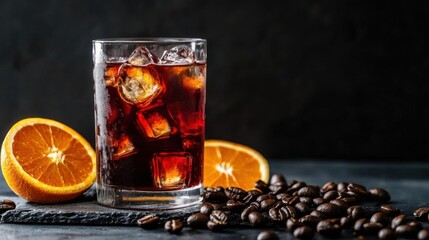 Glass of cola with ice cubes, orange and coffee beans on black background