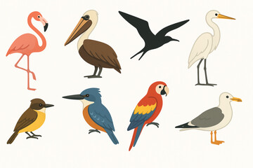Obraz premium Venezuelan Caribbean bird icons in flat natural vector grid with organic coastal palette on white background