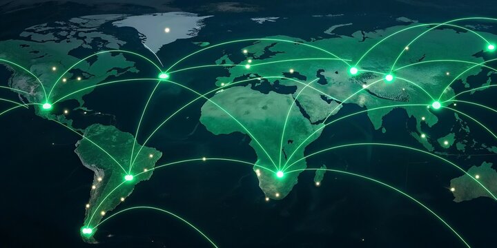 Global technologies. Collage with male hand, world map and computer binary code on blue background - Powered by Adobe