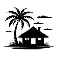 Obraz premium Tropical paradise with palm tree and hut Vector