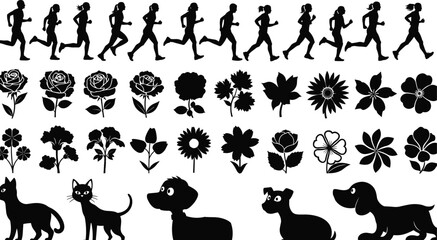 Silhouette collection of runners, flowers, cats, dogs, vector design set, motion poses, floral icons, pet clipart, black shapes