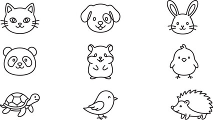 Collection of nine cute black and white line art animal icons including cat dog rabbit panda hamster chick turtle bird hedgehog