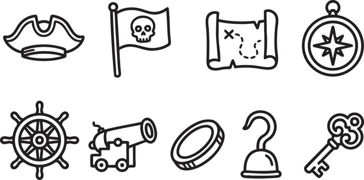 Pirate themed icons including hat flag map compass ship wheel cannon coin hook key tricorn skull