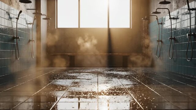 Atmospheric shot with diffused sunlight beaming through a window highlighting subtle moisture and wet tile floors in an empty sports locker room shower area floors, commercial, window