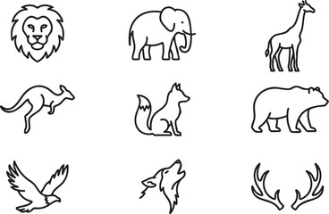 Collection of nine black line art animal icons including lion elephant giraffe kangaroo fox bear eagle wolf and antlers