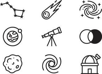 Black outline icons of celestial bodies and astronomical equipment on white background constellation