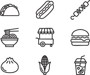 Collection of nine black line art food and drink icons on white background taco hotdog