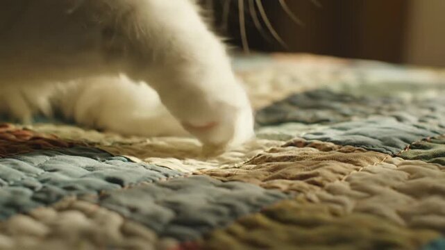 Close-up of a white cat paw lying on a colorful quilted bed with natural light.