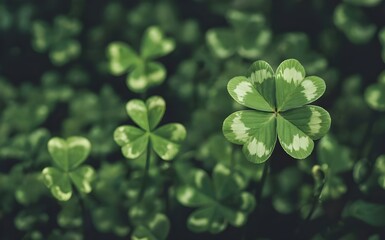 Green four leaf clover field macro photography, dark moody foliage blurred bokeh background, luck symbol nature texture, for st patrick day, banner, wallpaper, holiday, ireland concept.