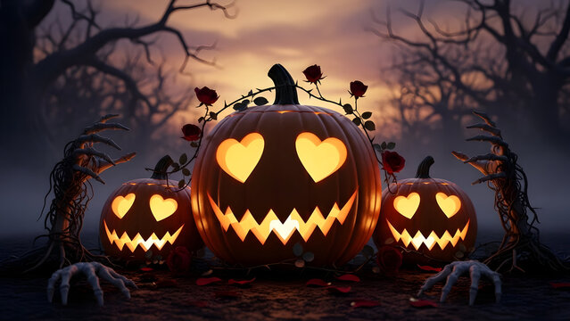 Three spooky jack-o'-lanterns with heart-shaped eyes and jagged grins glow eerily in a dark, misty forest setting, adorned with thorny vines and red roses.