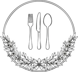 Elegant Dining Line Art of Cutlery Surrounded by a Floral Wreath