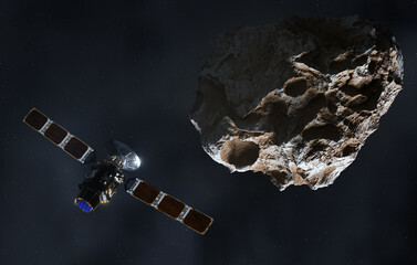 Satellite in Space passing asteroid