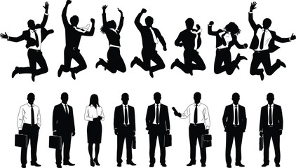 Silhouettes of business professionals in formal and celebratory poses illustrating workplace success, motivation, and corporate culture contrast