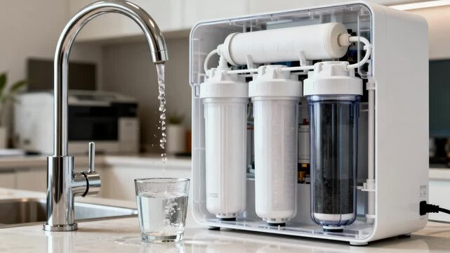 Medium shot of a modern reverse osmosis water purification system filtering tap water to remove impurities for clean safe drinking at home or office