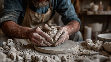 Close-up of a skilled potter’s hands shaping wet clay on a spinning pottery wheel in a traditional workshop, capturing craftsmanship, manual labor, creativity, and artisanal ceramic production.