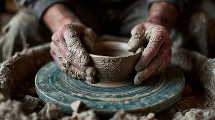 Close-up of a skilled potter’s hands shaping wet clay on a spinning pottery wheel in a traditional workshop, capturing craftsmanship, manual labor, creativity, and artisanal ceramic production.