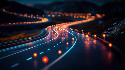 a futuristic road with holographic location pins showing stages of strategic growth planning