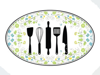 Culinary Tools and Floral Decor Kitchen Illustration