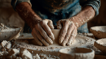 Close-up of a skilled potter’s hands shaping wet clay on a spinning pottery wheel in a traditional workshop, capturing craftsmanship, manual labor, creativity, and artisanal ceramic production.