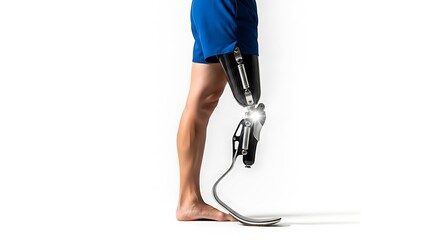 Close-up shot of a person with a high-tech prosthetic leg and natural leg comparison