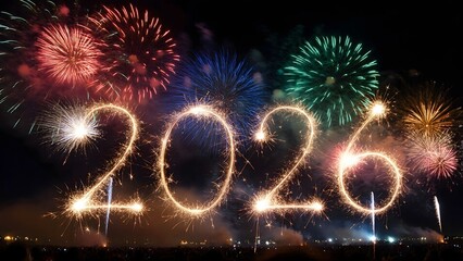 Colorful fireworks illuminate the night sky as sparkling numbers display the year 2026