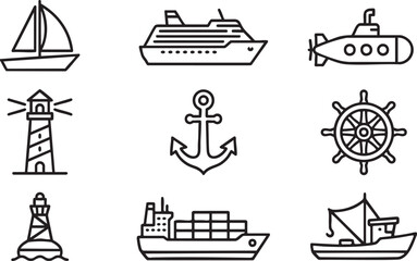 Naklejka premium Collection of nine black outline nautical icons including sailboat cruise ship submarine lighthouse anchor ship wheel buoy cargo ship and