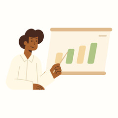Business presentation. Flat illustration featuring a man pointing at a growth chart. Modern design for business reports, marketing materials, training presentations and educational content.
