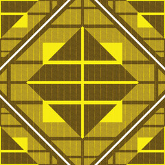 A yellow–brown geometric pattern featuring triangles and intersecting lines arranged symmetrically within square frames. It has a modern, striking look suitable for fabric or decorative graphic design