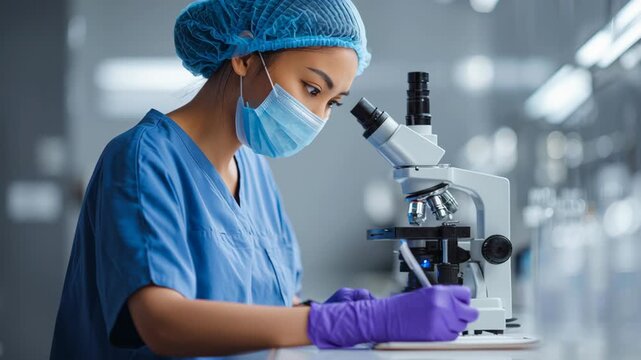 Young asian female scientist using microscope to conduct medical research in contemporary laboratory, meticulously handling samples focusing on scientific analysis medical scientific research vaccine